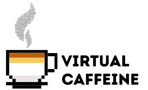 Coffee cup with hot steam from logo virtual caffeine